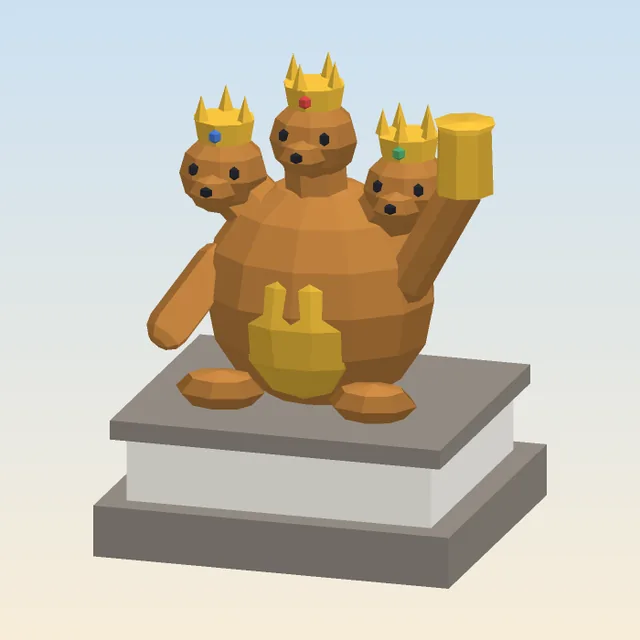 The Three-Crowned Patron: a statue of a round, three-headed bear-like creature wearing three gold crowns, on a stone plinth.
