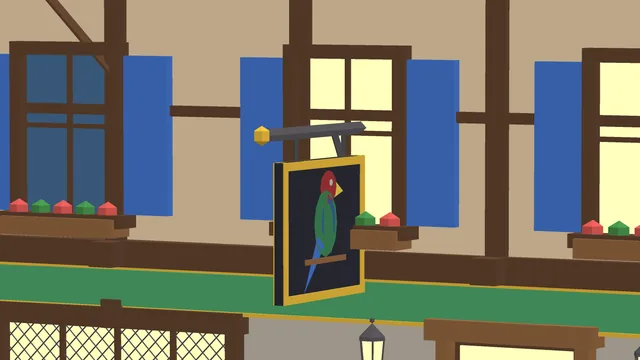 The Salty Parrot's painted tavern sign, a green parrot on black, hanging between shuttered windows.